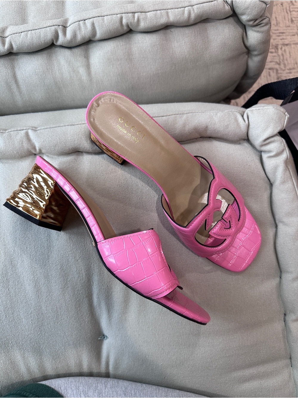 Source Unknown Pink Croc-Embossed Logo Block Heel Sandals